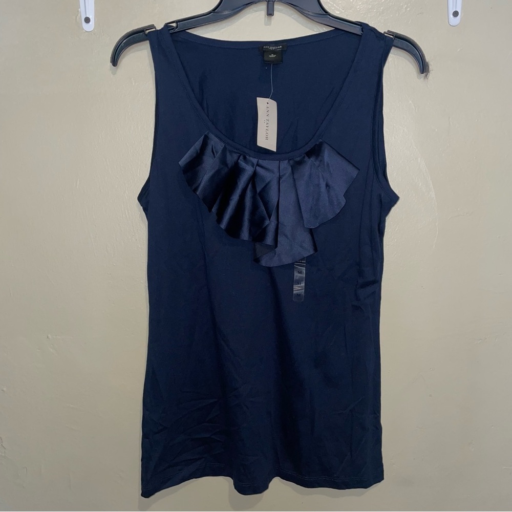 Ann Taylor sleeveless navy blue blouse with ruffles
